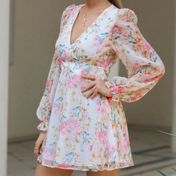 Floral Chiffon Dress - Lantern Sleeve - Size M - Picture 4 of 5